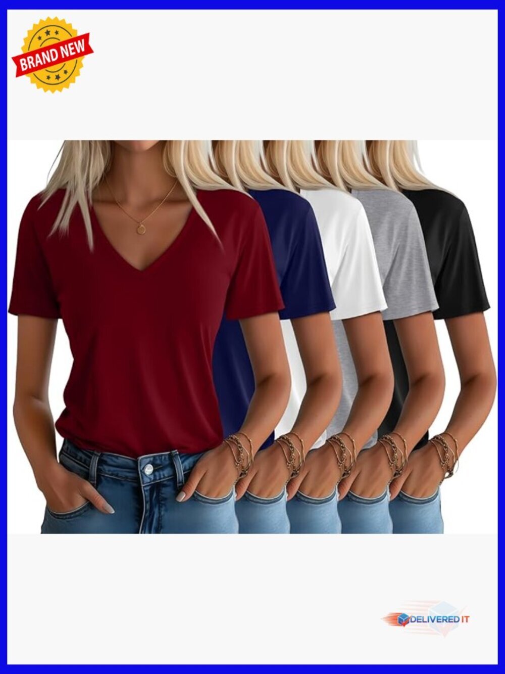 5 Pack V Neck Basic Tees Comfortable Short Sleeve T Shirts Solid Tops Flat Hem